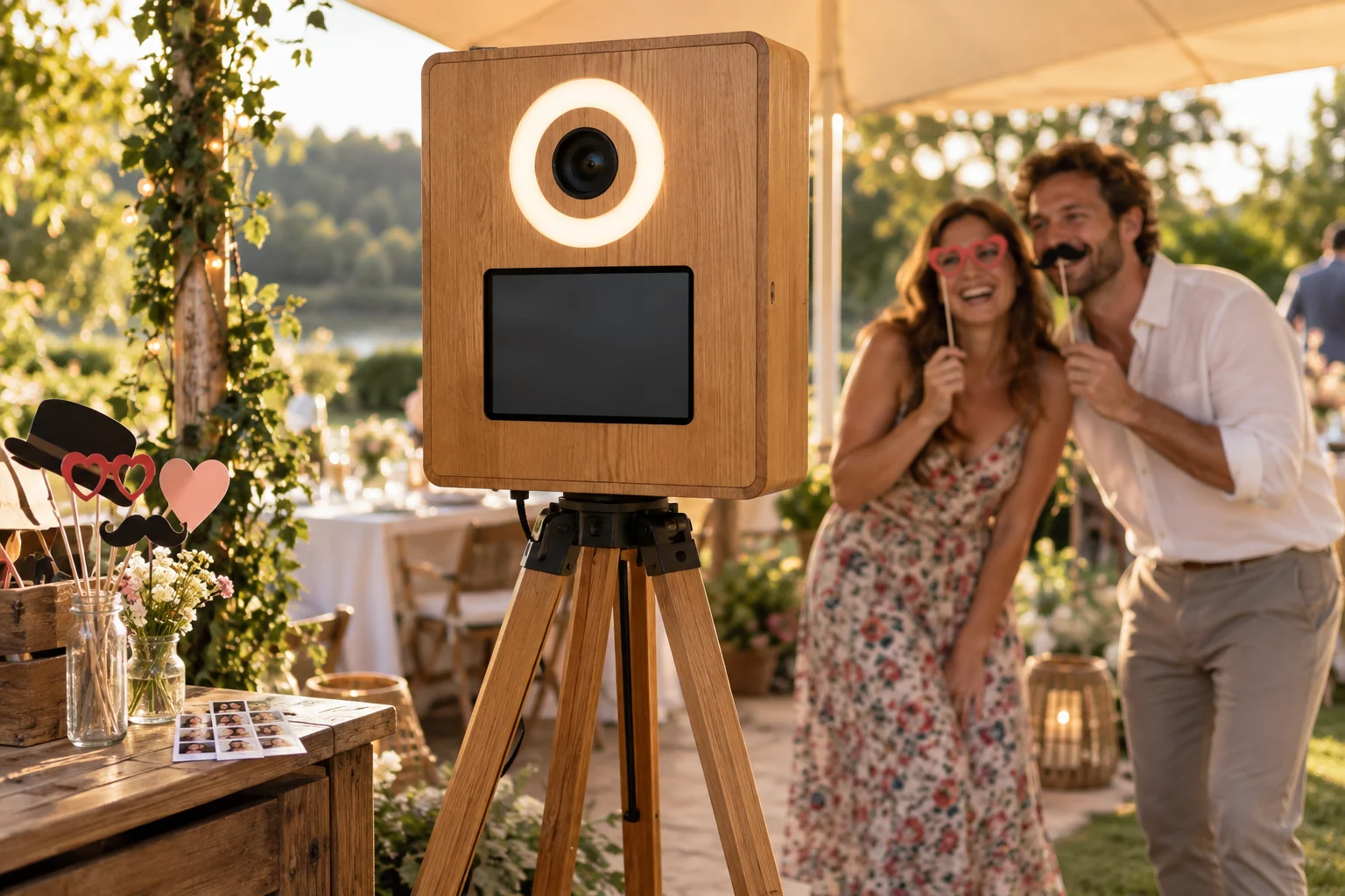 Fiktive Fotobox aus Holz mit Ringlicht bei einer Gartenfeier