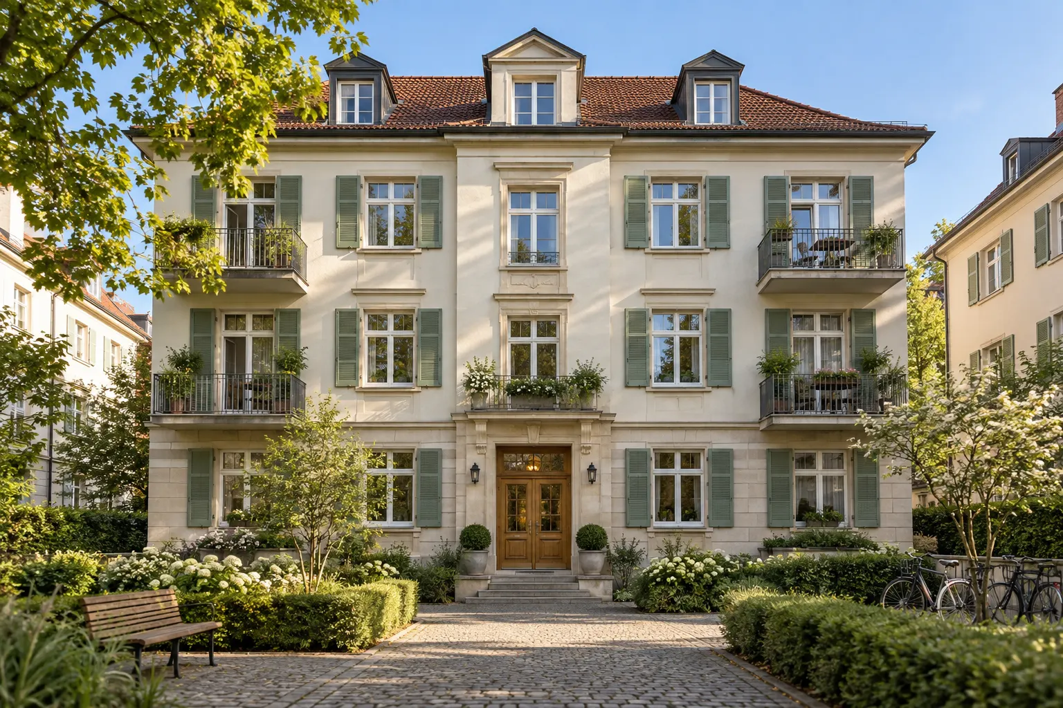 Fiktives Mehrfamilienhaus mit heller Fassade