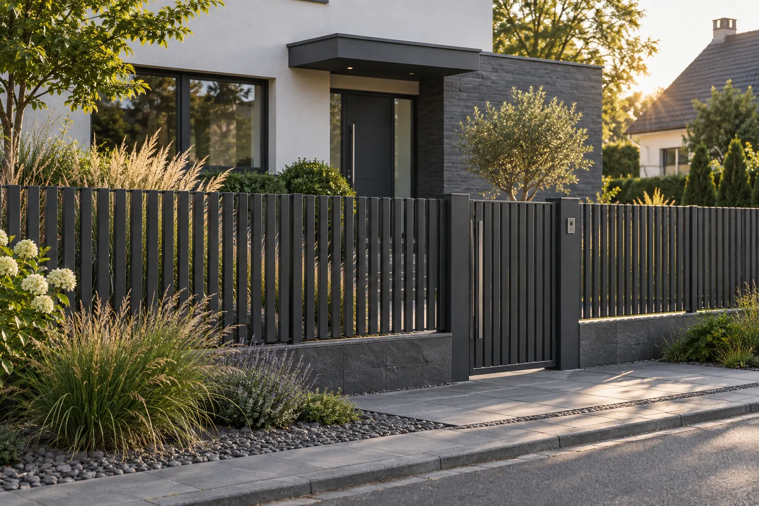 Fiktives Gartenprojekt mit dunklem Zaun und modernem Wohnhaus
