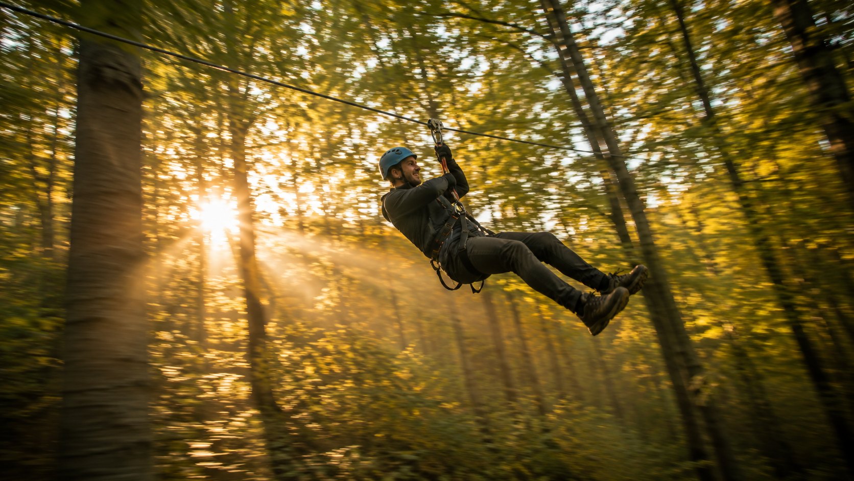 Person auf der Seilrutsche zwischen Buchen, von unten fotografiert