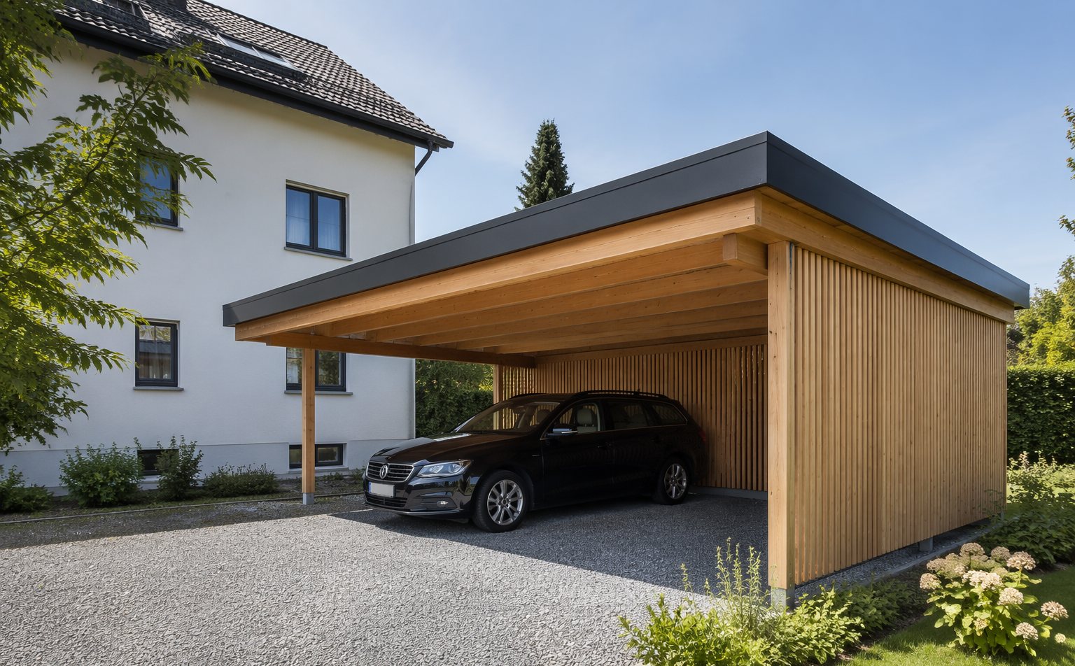 Neuer Carport mit Flachdach an einem Wohnhaus in Balve