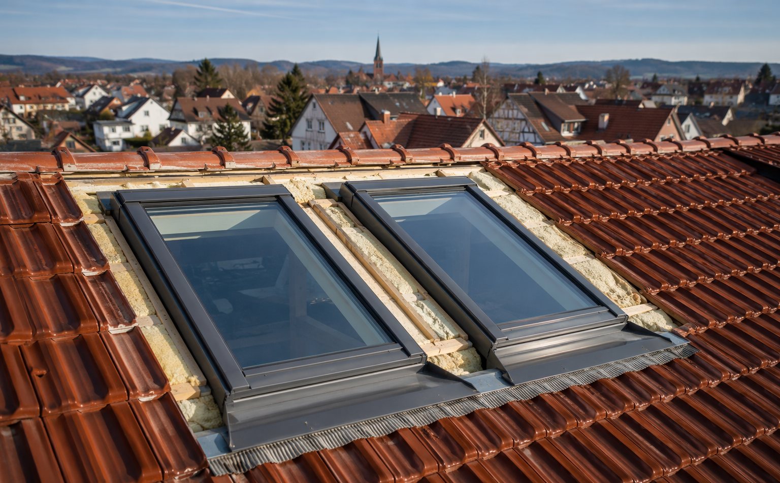 Neu eingebaute Dachfenster mit Dämmung in einem Ziegeldach in Nachrodt-Wiblingwerde
