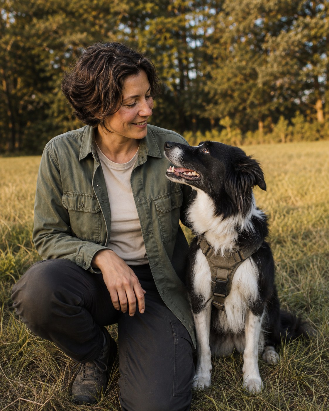 Trainerin und Hund in einem aufmerksamen Moment auf der Wiese