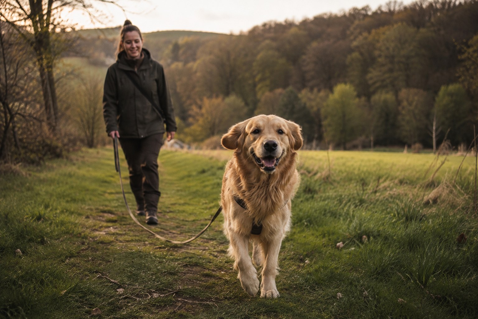 Ein Golden Retriever und seine Begleiterin unterwegs auf einer grünen Wiese