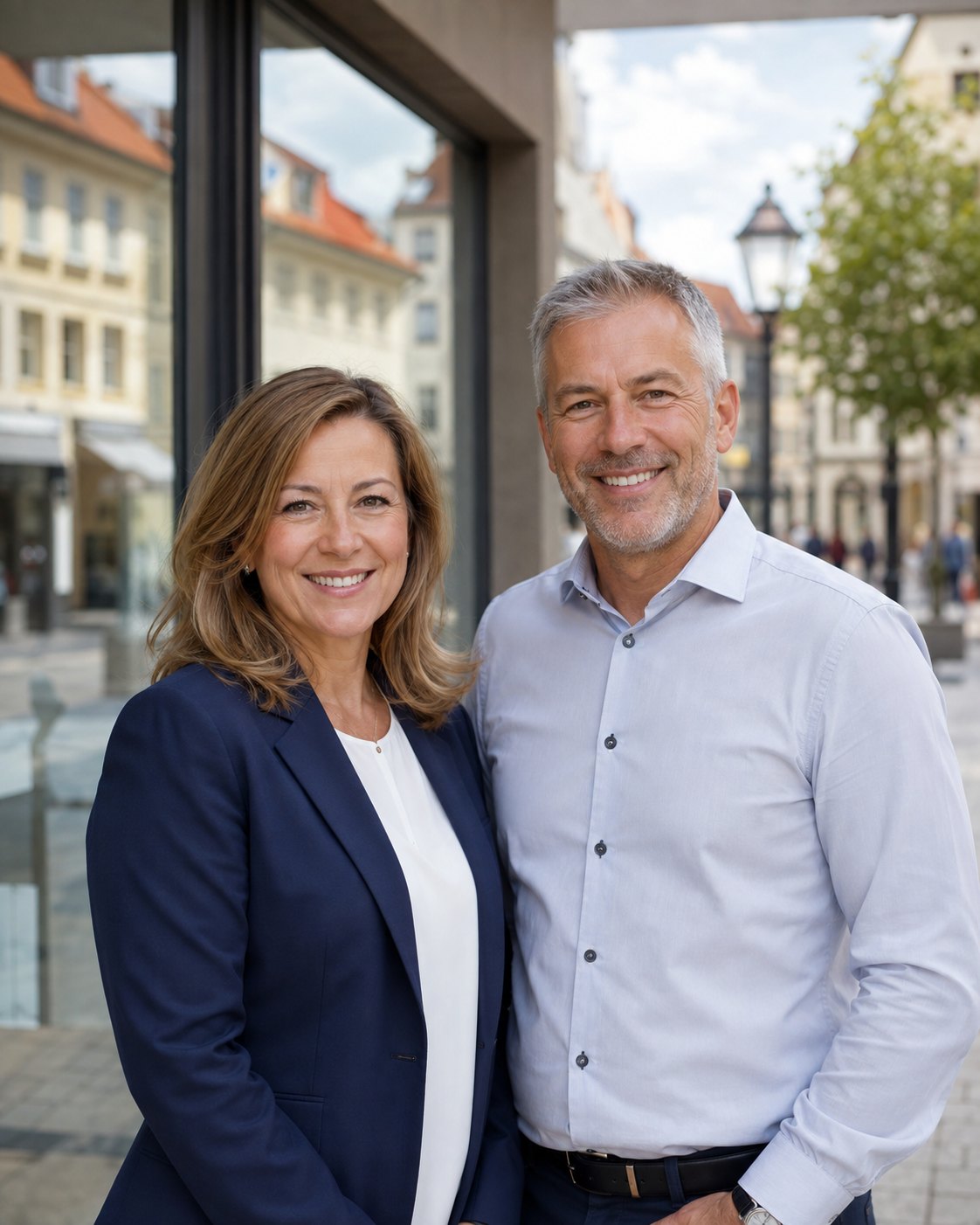Katrin und Jörg Brandt vor dem Büro in der Iserlohner Innenstadt