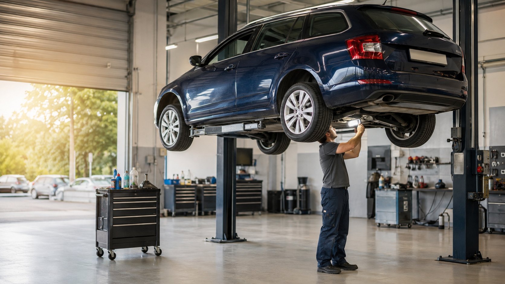 Mechaniker prüft die Unterseite eines dunkelblauen Kombis auf der Hebebühne