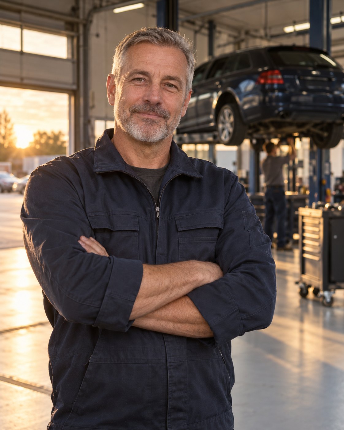 Kfz-Meister Thomas Lenz in Arbeitskleidung vor der Werkstatt