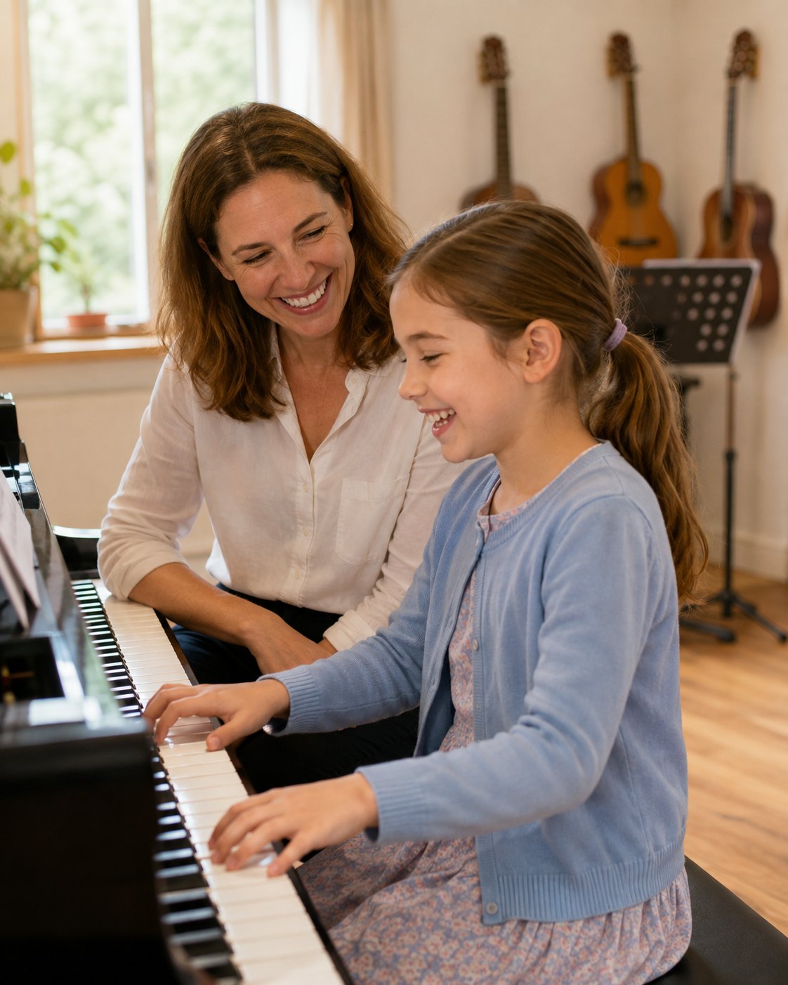 Lehrerin und Kind am Klavier im hellen Unterrichtsraum