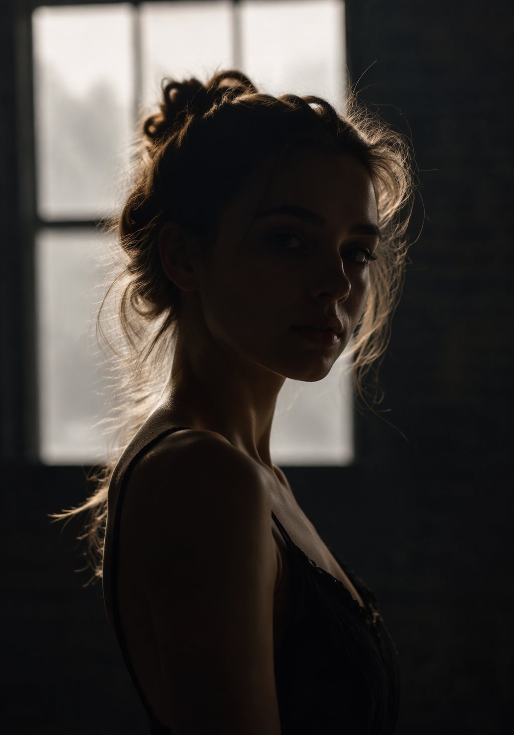 Porträt einer jungen Frau im Gegenlicht, das Gesicht halb im Schatten