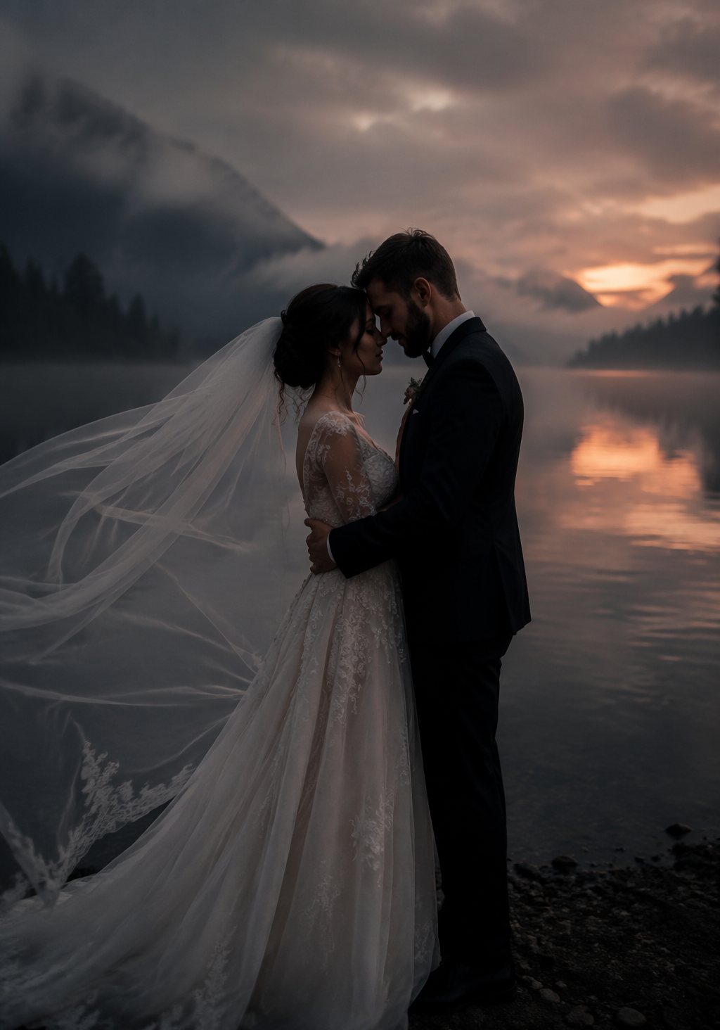 Hochzeitspaar am Ufer eines nebligen Sees in der Dämmerung, der Schleier weht im Wind