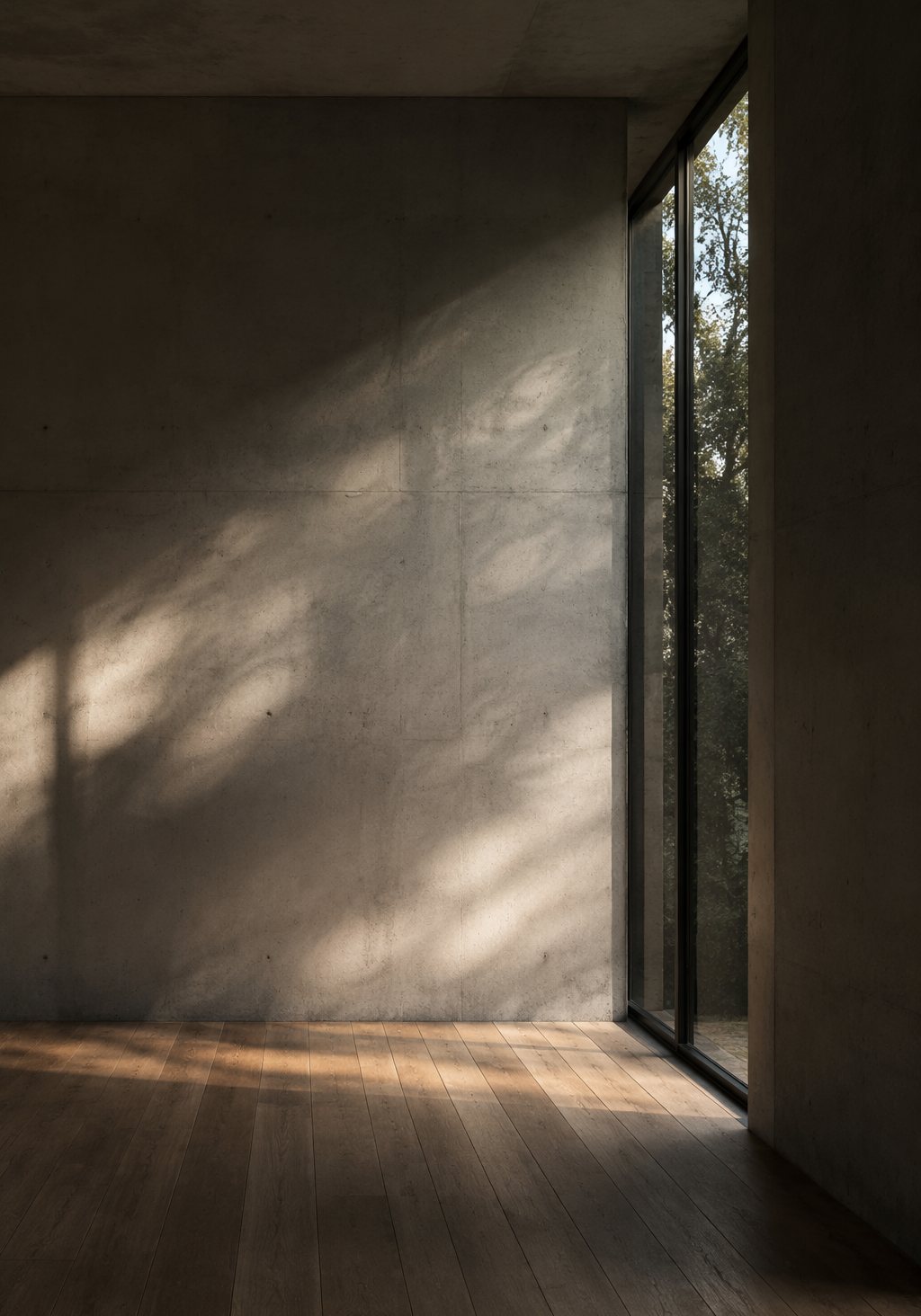 Leerer minimalistischer Raum, Tageslicht fällt durch ein hohes Fenster auf Betonwand und Holzboden