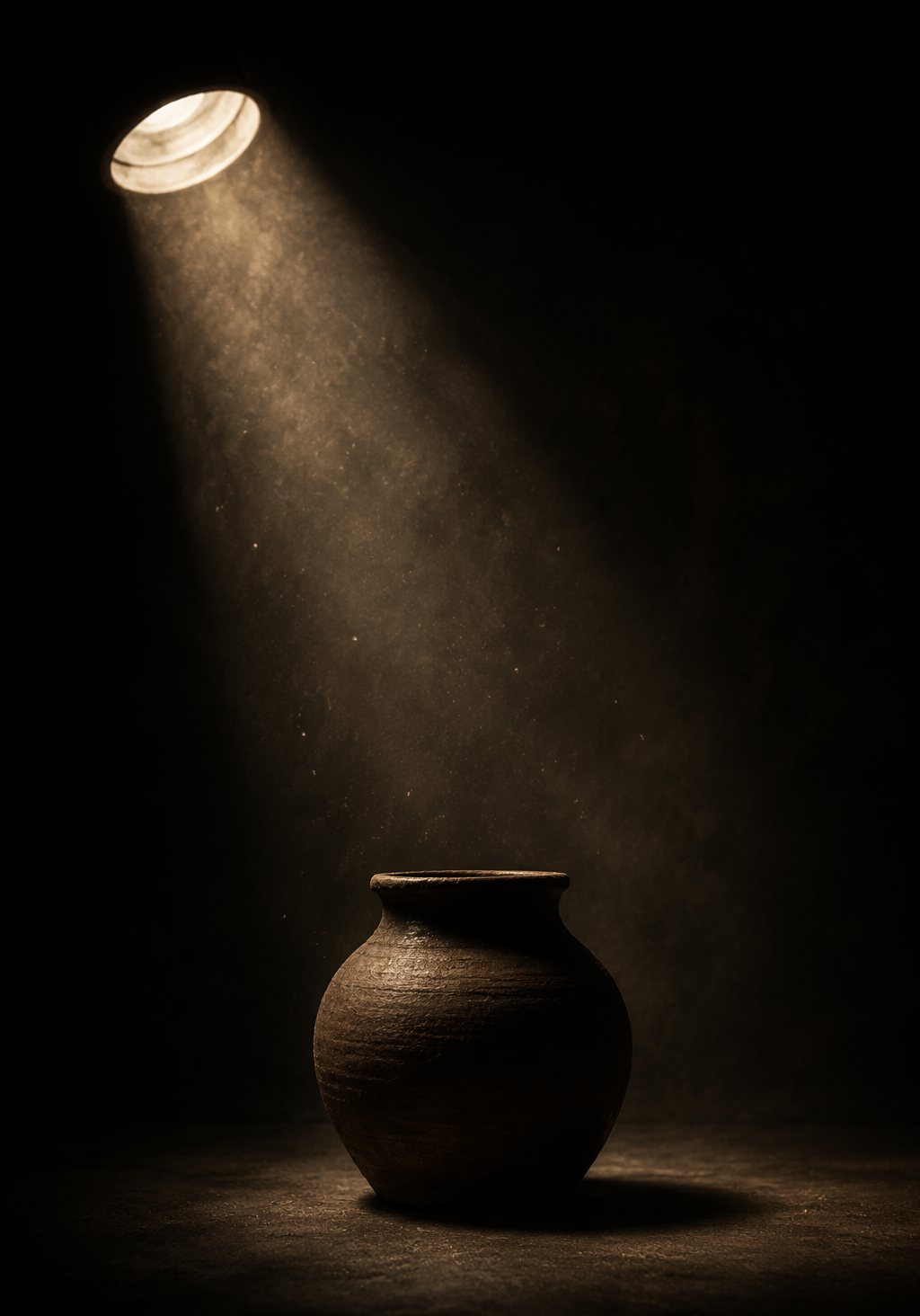 Dramatischer Lichtkegel über einer Tonvase im dunklen Fotostudio