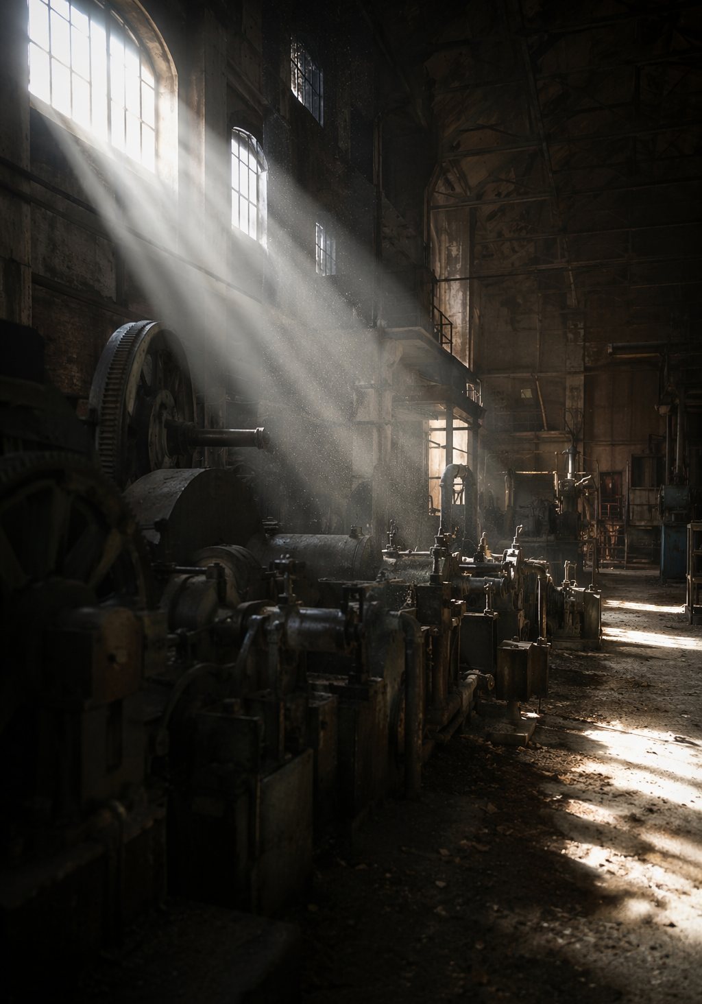 Lichtstrahlen fallen durch hohe Fenster in eine alte Fabrikhalle mit Maschinen