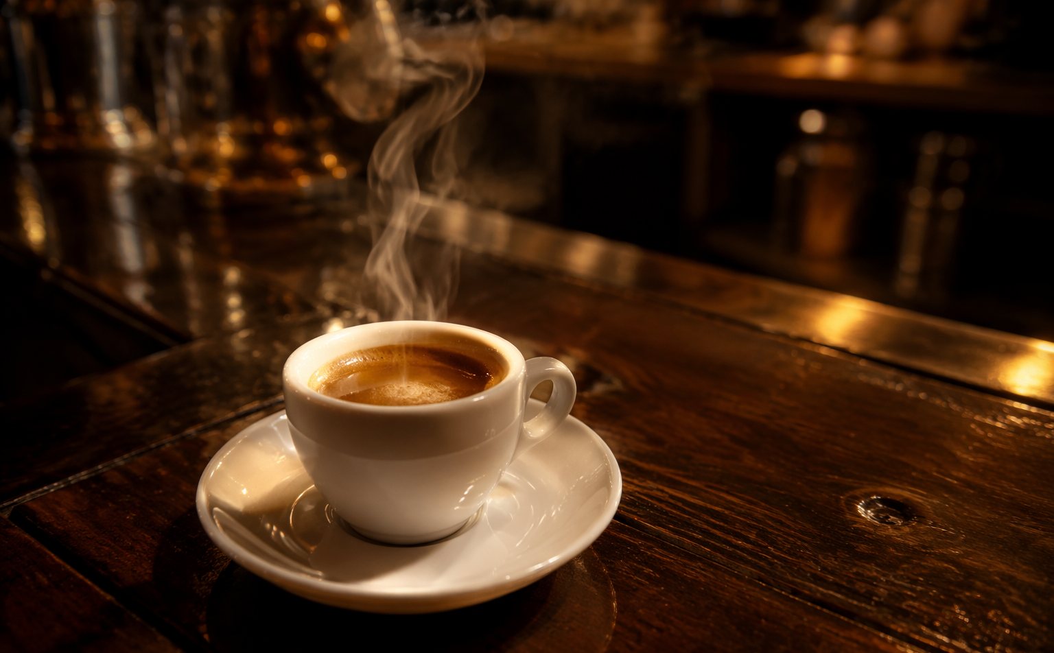 Espressotasse mit Crema und aufsteigendem Dampf auf dunkler Theke