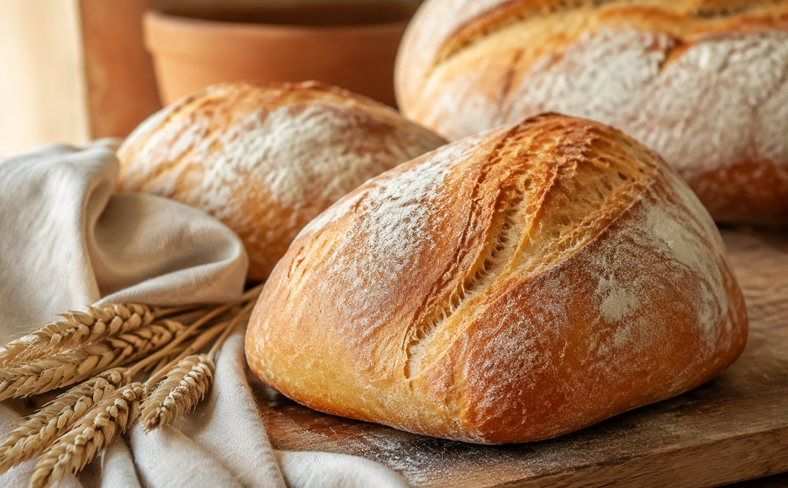 Frisch gebackene, mit Mehl bestäubte Brotlaibe auf einem Holzbrett