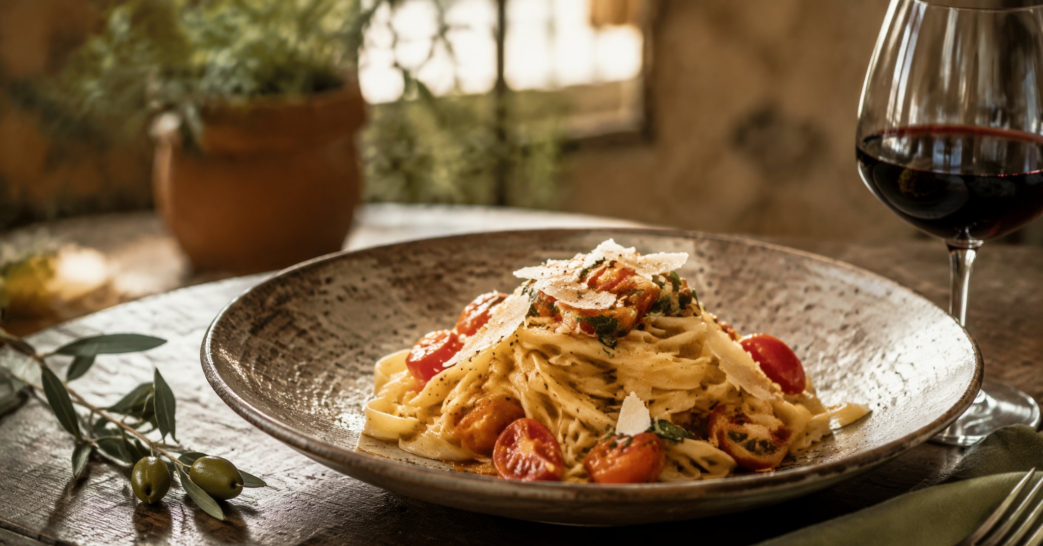 Handgezogene Tagliatelle mit Kirschtomaten, Kräutern und Parmesan auf einem Keramikteller, daneben ein Glas Rotwein und ein Olivenzweig
