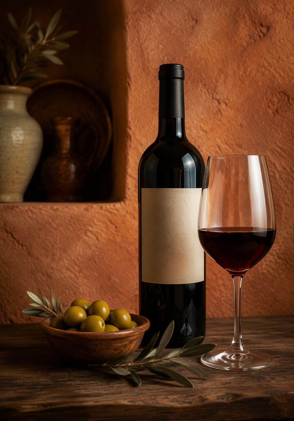 Flasche Rotwein mit gefülltem Weinglas und einer Schale grüner Oliven auf dunklem Holz vor Terrakottawand